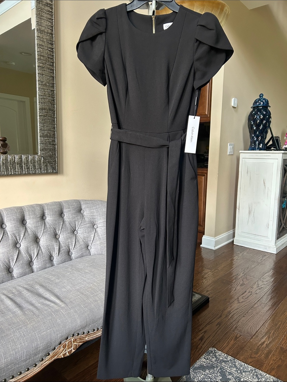 Calvin Klein Black Puff Sleeve Belted Wide Leg Jumpsuit Size 2 NWT Pockets
